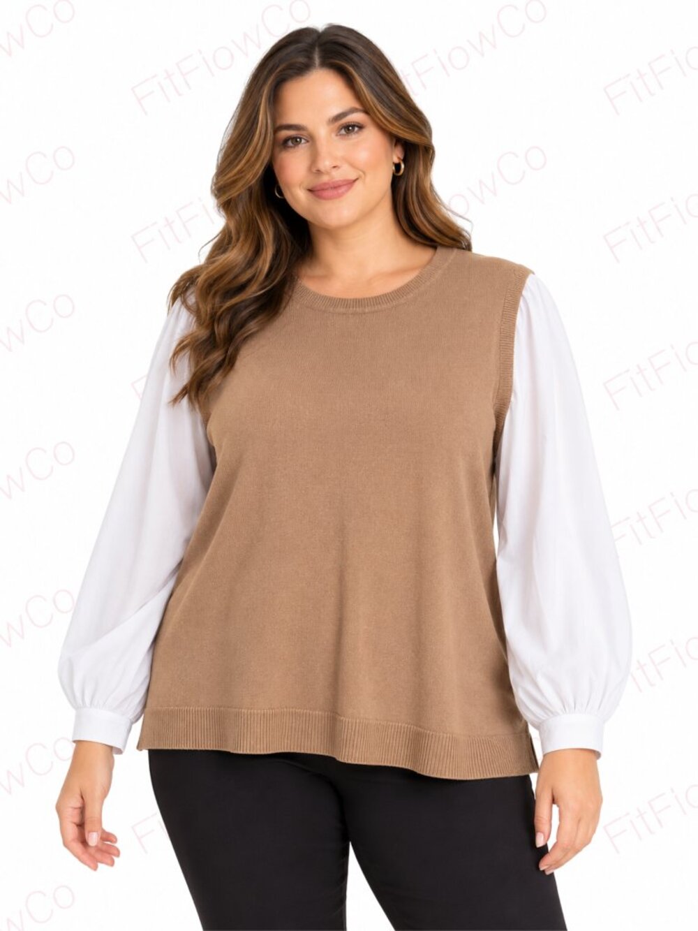 Anne Klein 2Fer Sweater Top XL Camel White Layered Look Long Sleeve